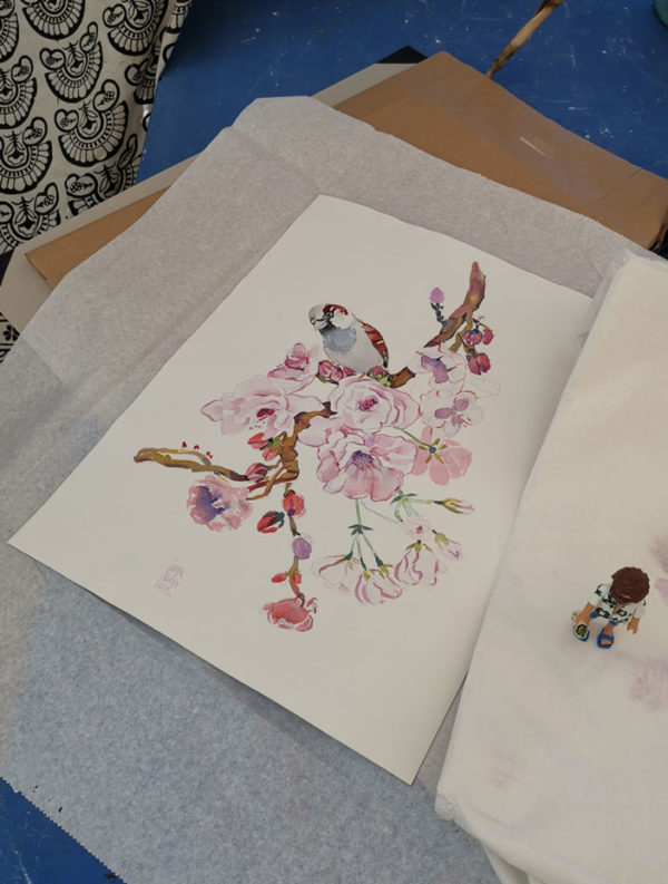 Sakura y gorrión. Venta online de acuarelas originales